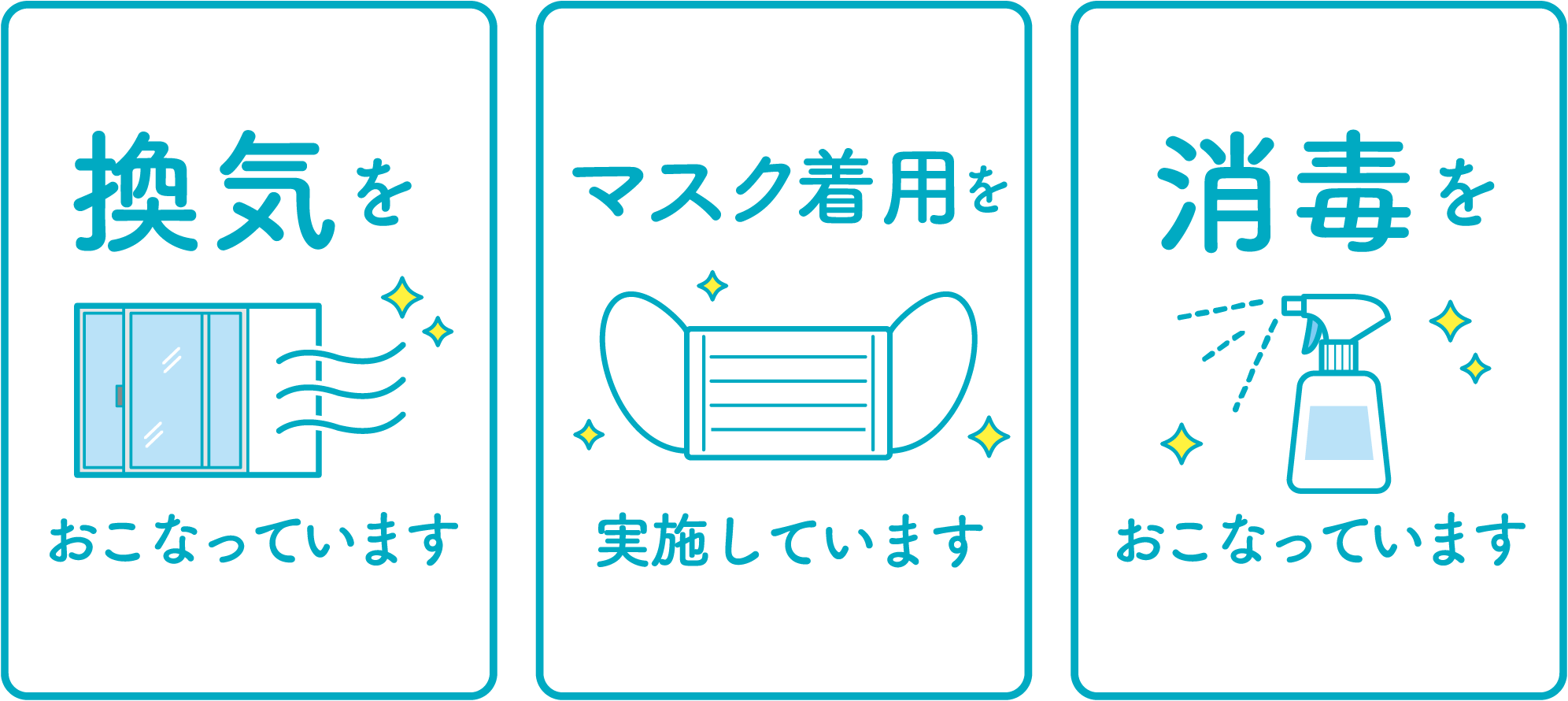 換気、マスクの着用、消毒を行っております。